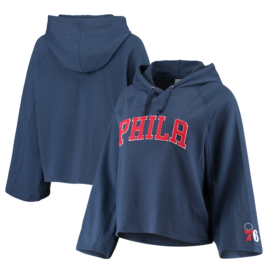 Women's Philadelphia 76ers Sportiqe Navy Chenille Logo Bell Sleeve Cropped Pullover Hoodie Women's Philadelphia 76ers Sportiqe Navy Chenille Logo Bell Sleeve Cropped Pullover Hoodie