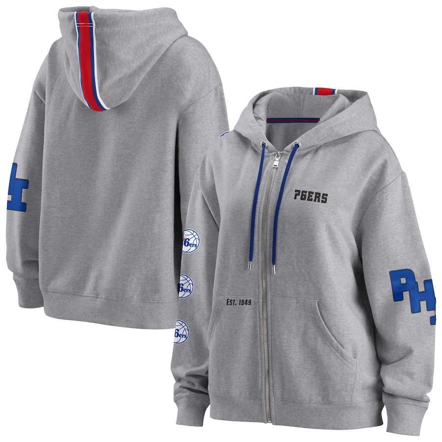 Women's Philadelphia 76ers WEAR by Erin Andrews Heathered Gray Taped Full-Zip Hoodie Women's Philadelphia 76ers WEAR by Erin Andrews Heathered Gray Taped Full-Zip Hoodie