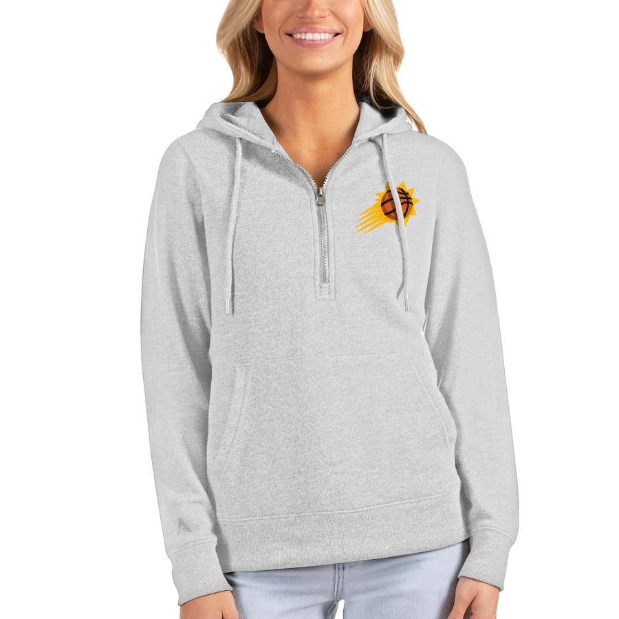 Women's Phoenix Suns Antigua Heathered Gray Action Half-Zip Pullover Hoodie Women's Phoenix Suns Antigua Heathered Gray Action Half-Zip Pullover Hoodie