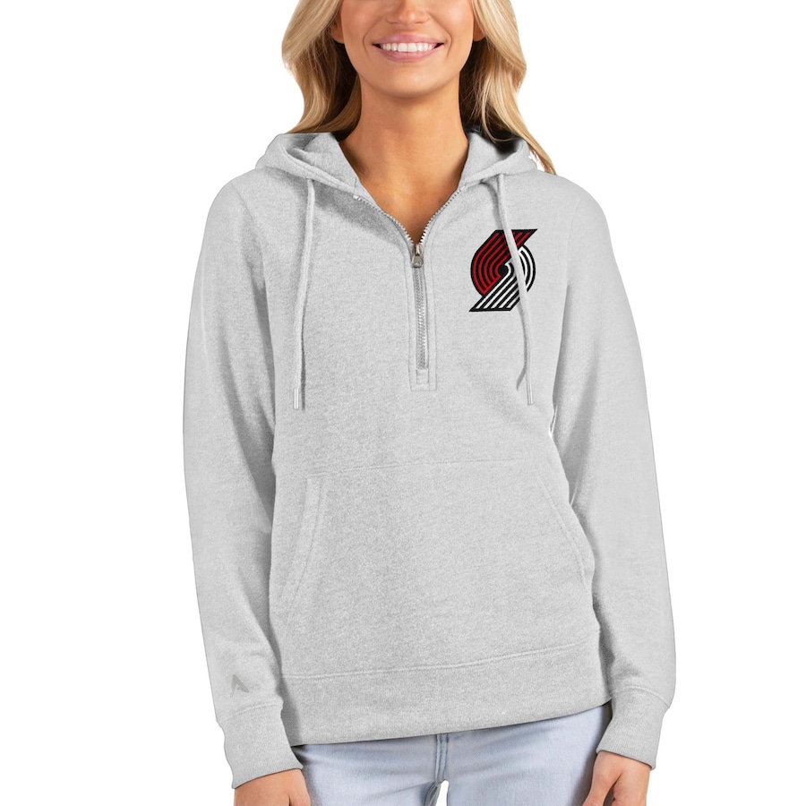 Women's Portland Trail Blazers Antigua Heathered Gray Action Half-Zip Pullover Hoodie Women's Portland Trail Blazers Antigua Heathered Gray Action Half-Zip Pullover Hoodie