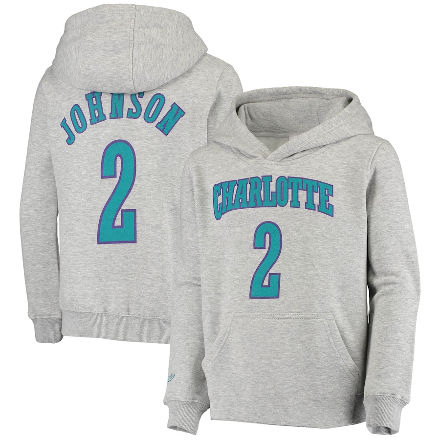 Youth Boys Charlotte Hornets Larry Johnson Mitchell & Ness Heathered Gray Hardwood Classics Name & Number Pullover Hoodie
