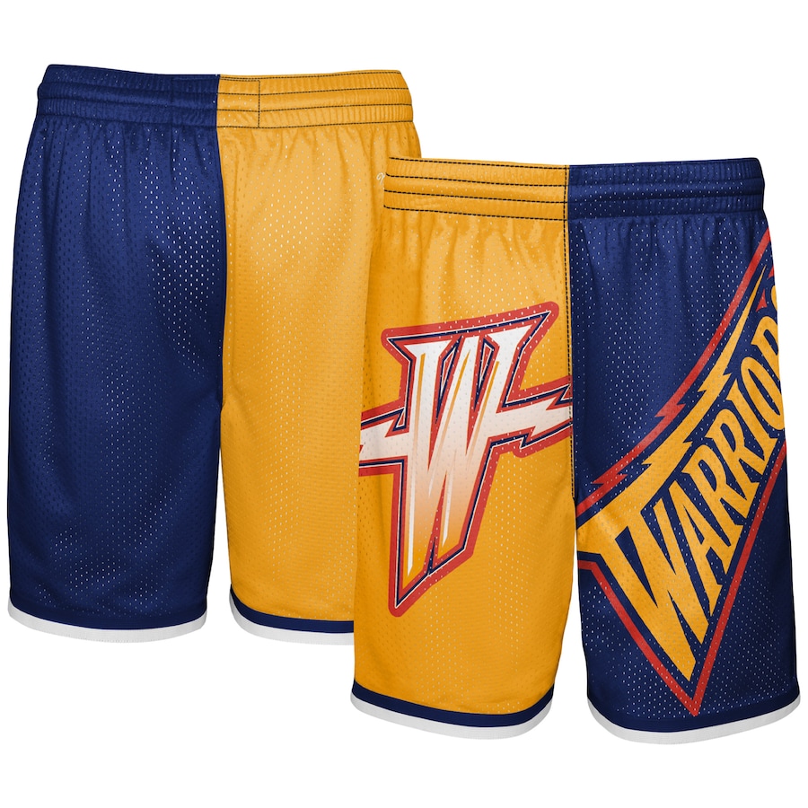 Youth Boys Golden State Warriors Mitchell & Ness Gold/Navy Hardwood Classics Big Face 5.0 Shorts Youth Boys Golden State Warriors Mitchell & Ness Gold/Navy Hardwood Classics Big Face 5.0 Shorts