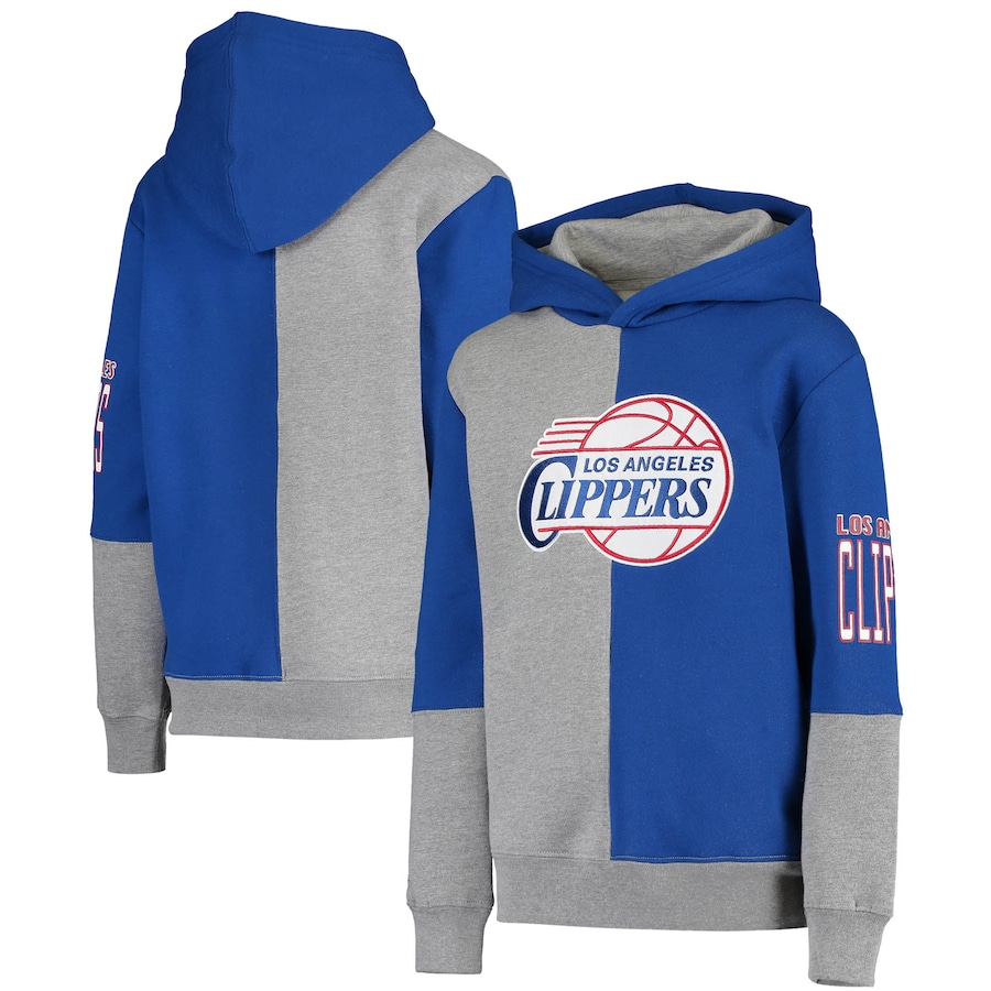 Youth Boys LA Clippers Mitchell & Ness Royal/Heathered Gray Hardwood Classics Split Color Fleece Pullover Hoodie Youth Boys LA Clippers Mitchell & Ness Royal/Heathered Gray Hardwood Classics Split Color Fleece Pullover Hoodie