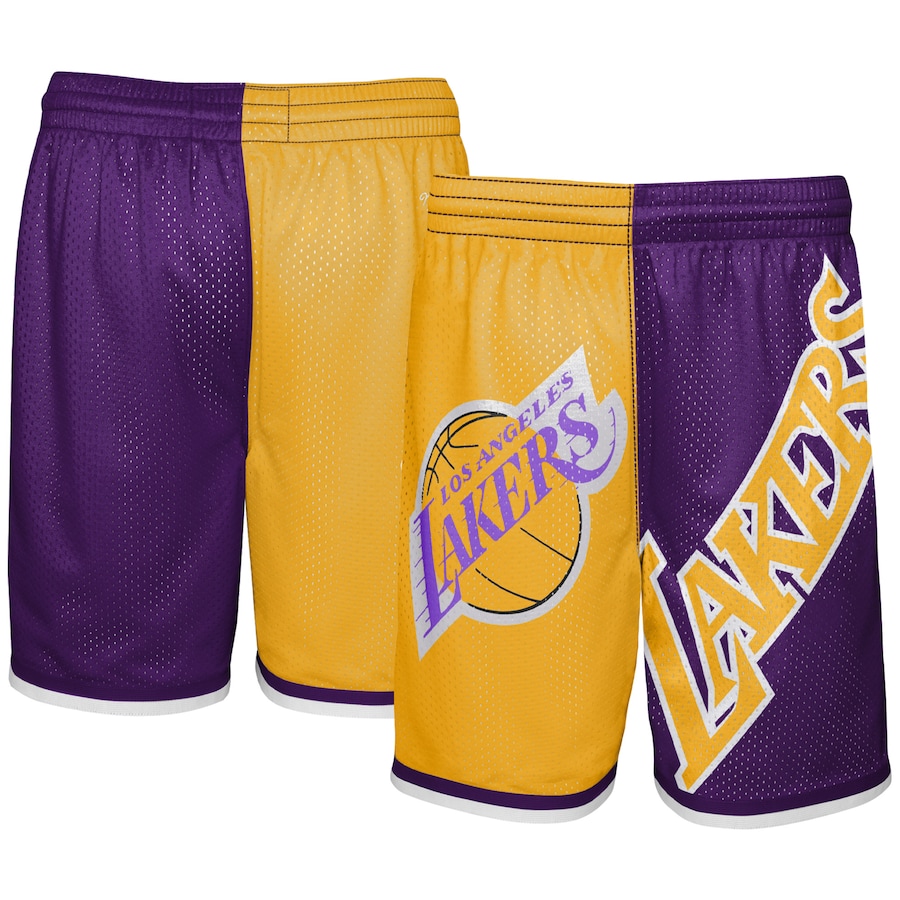 Youth Boys Los Angeles Lakers Mitchell & Ness Gold/Purple Hardwood Classics Big Face 5.0 Shorts Youth Boys Los Angeles Lakers Mitchell & Ness Gold/Purple Hardwood Classics Big Face 5.0 Shorts