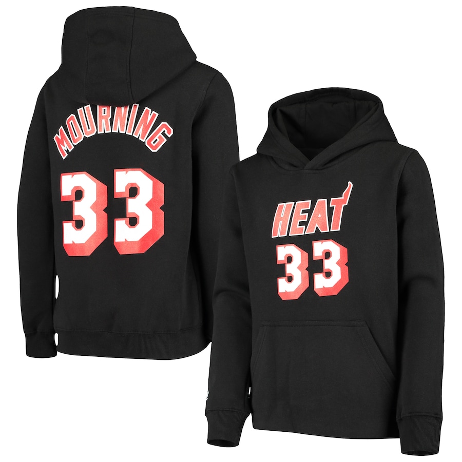 Youth Boys Miami Heat Alonzo Mourning Mitchell & Ness Black Hardwood Classics Name & Number Pullover Hoodie