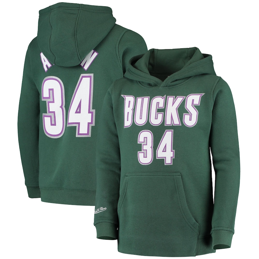 Youth Boys Milwaukee Bucks Ray Allen Mitchell & Ness Hunter Green Hardwood Classics Name & Number Pullover Hoodie