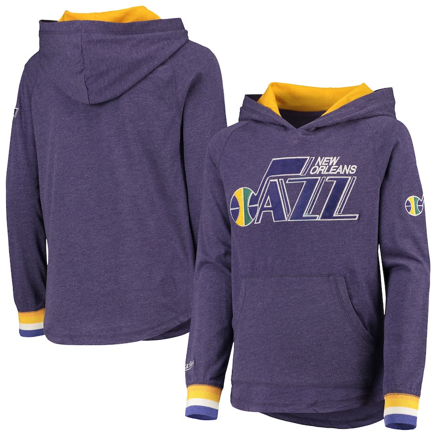 Youth Boys New Orleans Jazz Mitchell & Ness Purple Hardwood Classics Raglan Pullover Hoodie Youth Boys New Orleans Jazz Mitchell & Ness Purple Hardwood Classics Raglan Pullover Hoodie