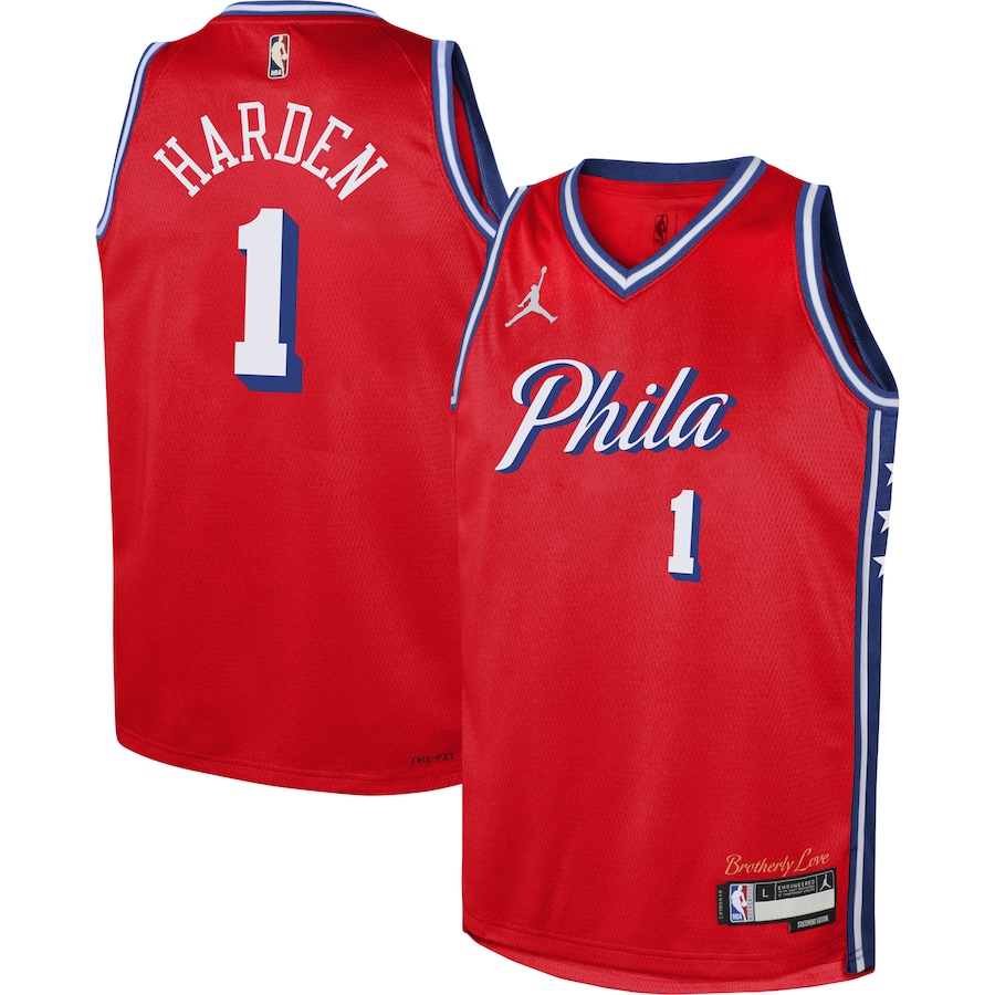 Youth Boys Philadelphia 76ers James Harden Jordan Brand Red 2022/23 Swingman Jersey - Statement Edition Youth Boys Philadelphia 76ers James Harden Jordan Brand Red 2022/23 Swingman Jersey - Statement Edition