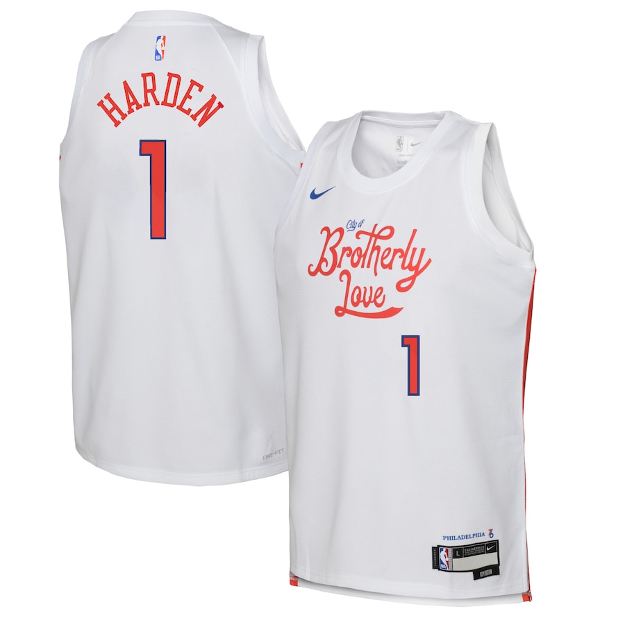 Youth Boys Philadelphia 76ers James Harden NBA White 2022/23 Swingman Jersey - City Edition Youth Boys Philadelphia 76ers James Harden NBA White 2022/23 Swingman Jersey - City Edition
