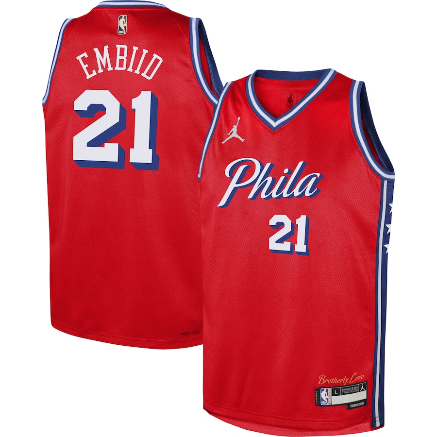 Youth Boys Philadelphia 76ers Joel Embiid Jordan Brand Red 2022/23 Swingman Jersey - Statement Edition Youth Boys Philadelphia 76ers Joel Embiid Jordan Brand Red 2022/23 Swingman Jersey - Statement Edition
