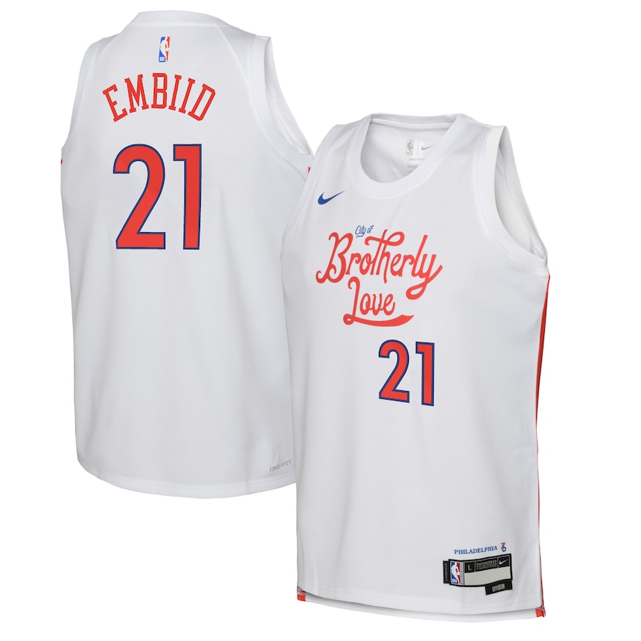 Youth Boys Philadelphia 76ers Joel Embiid NBA White 2022/23 Swingman Jersey - City Edition Youth Boys Philadelphia 76ers Joel Embiid NBA White 2022/23 Swingman Jersey - City Edition