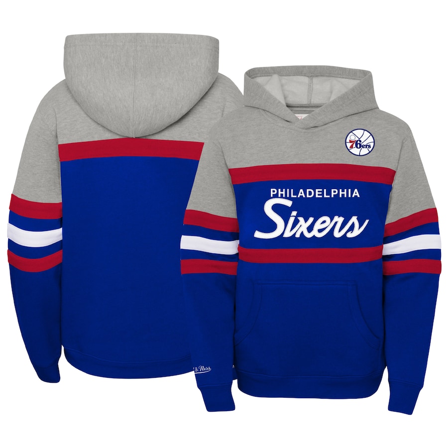 Youth Boys Philadelphia 76ers Mitchell & Ness Heather Gray/Royal Hardwood Classics Head Coach Pullover Hoodie