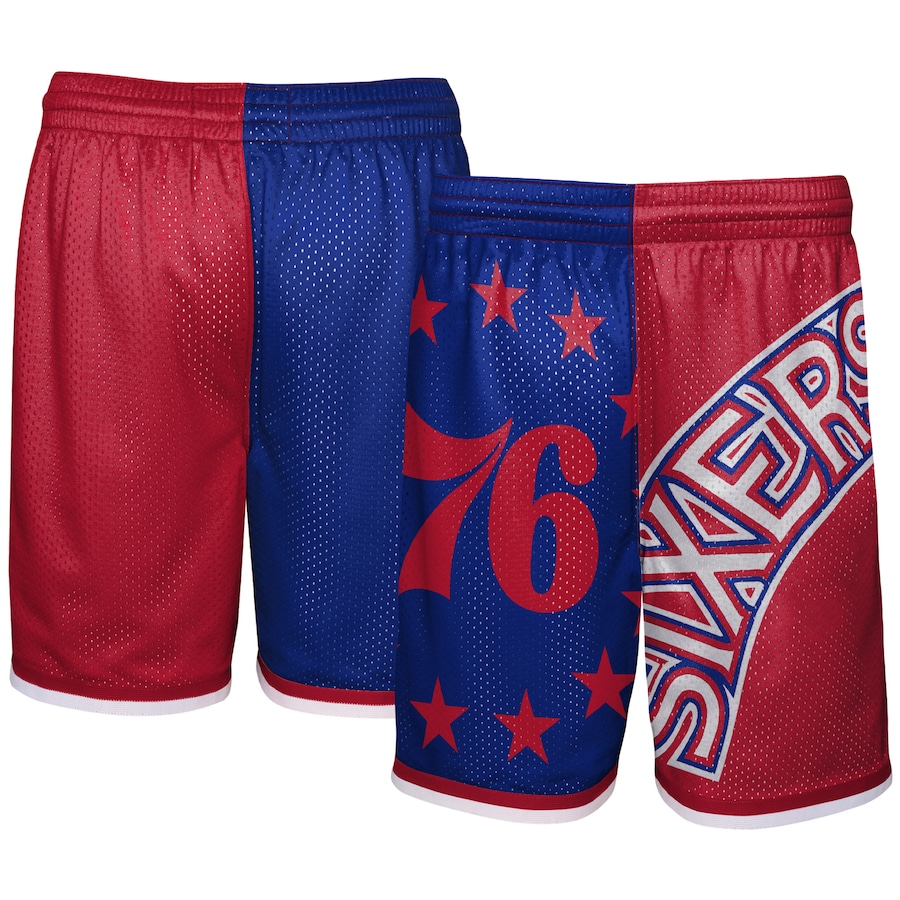 Youth Boys Philadelphia 76ers Mitchell & Ness Red/Royal Hardwood Classics Big Face 5.0 Shorts Youth Boys Philadelphia 76ers Mitchell & Ness Red/Royal Hardwood Classics Big Face 5.0 Shorts