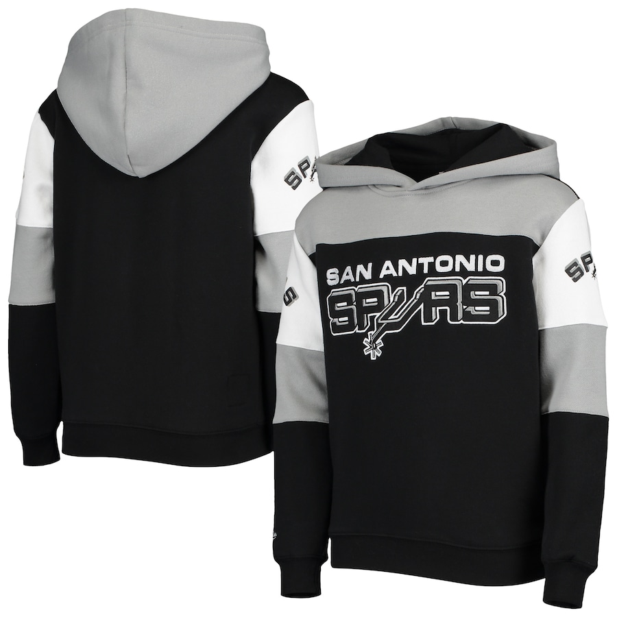 Youth Boys San Antonio Spurs Mitchell & Ness Black/Silver Hardwood Classics Overtime Colorblock Pullover Hoodie Youth Boys San Antonio Spurs Mitchell & Ness Black/Silver Hardwood Classics Overtime Colorblock Pullover Hoodie