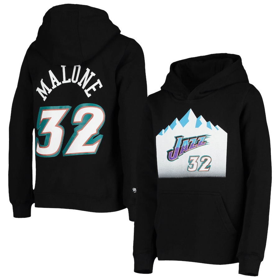 Youth Boys Utah Jazz Karl Malone Mitchell & Ness Black Hardwood Classics Name & Number Pullover Hoodie