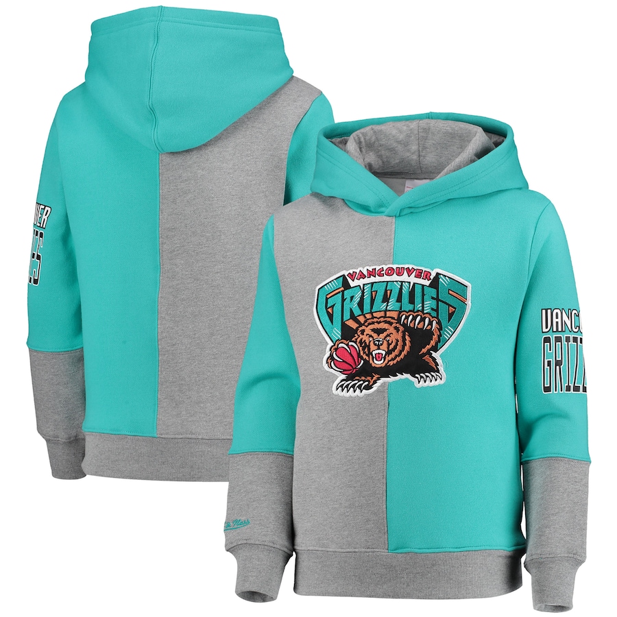 Youth Boys Vancouver Grizzlies Mitchell & Ness Turquoise/Heathered Gray Hardwood Classics Split Color Fleece Pullover Hoodie