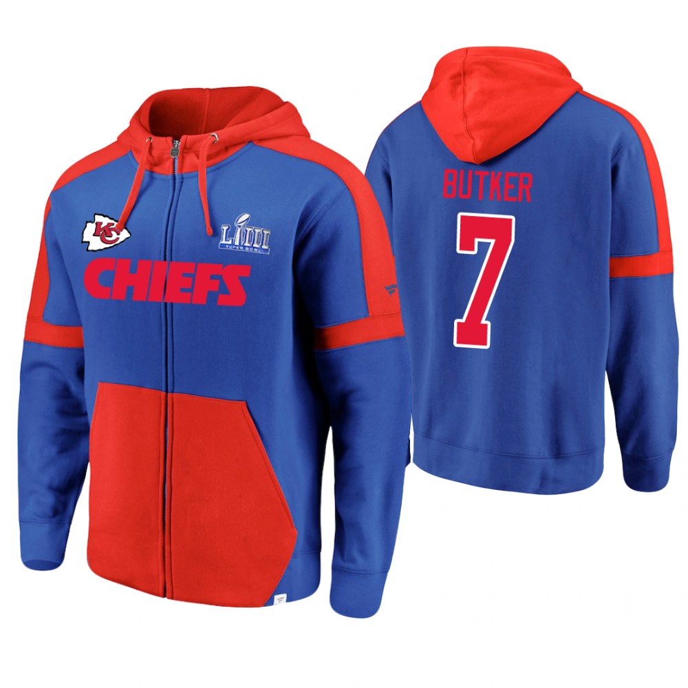 Kansas City Chiefs #7 Harrison Butker Royal Super Bowl LIII Full-Zip Hoodie Kansas City Chiefs #7 Harrison Butker Royal Super Bowl LIII Full-Zip Hoodie