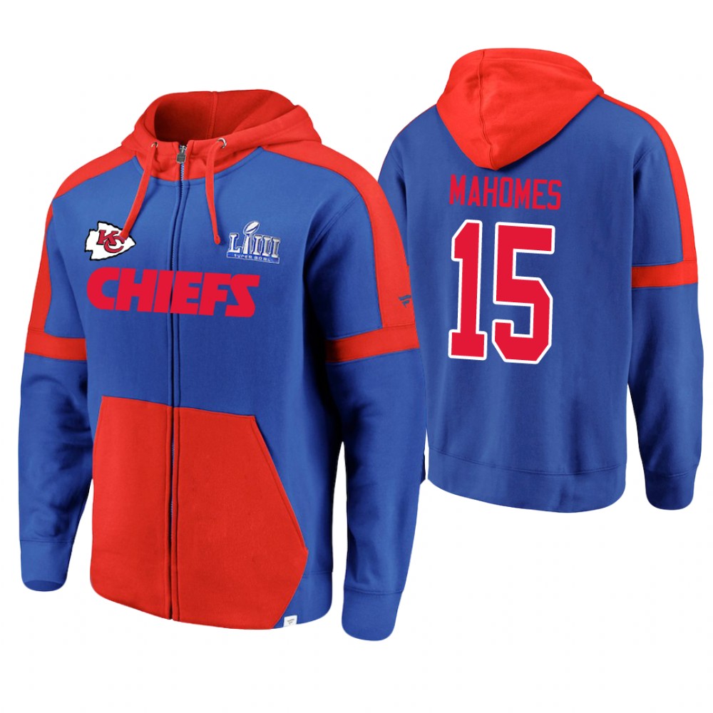 Kansas City Chiefs #15 Patrick Mahomes II Royal Super Bowl LIII Full-Zip Hoodie Kansas City Chiefs #15 Patrick Mahomes II Royal Super Bowl LIII Full-Zip Hoodie
