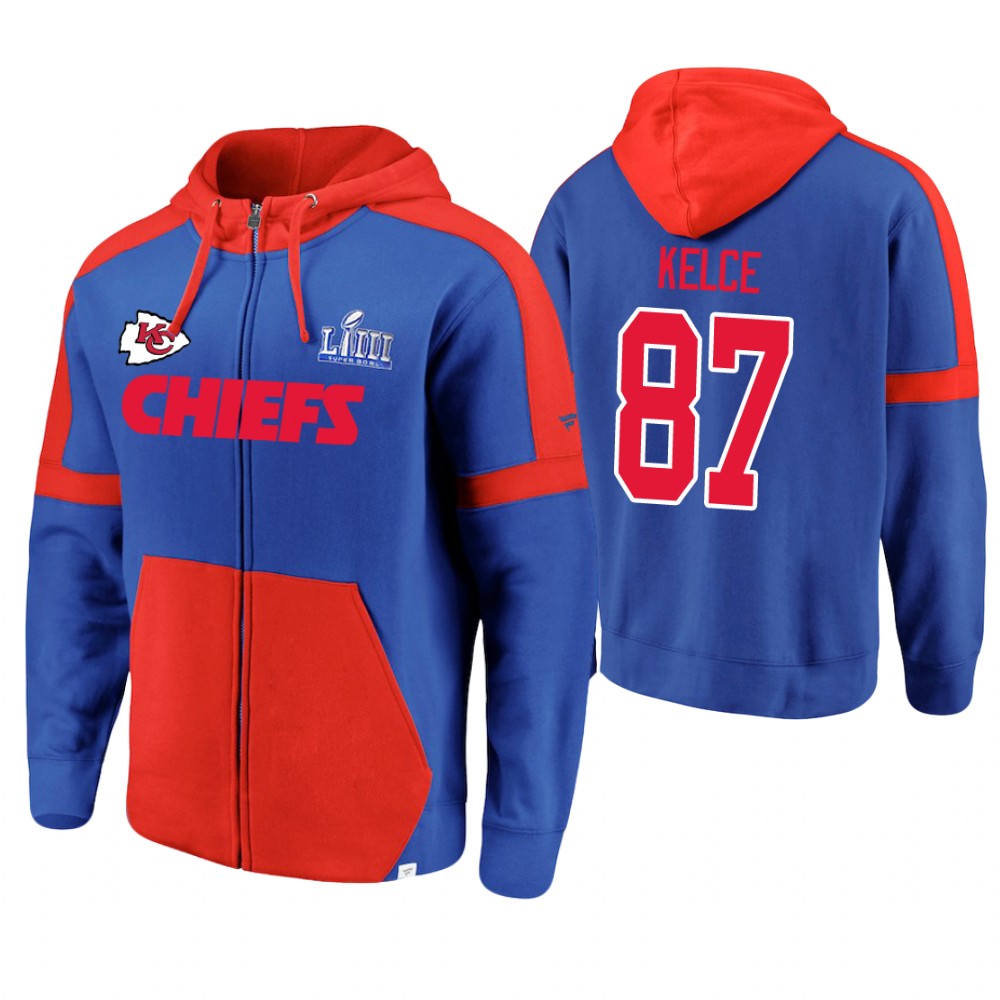 Kansas City Chiefs #87 Travis Kelce Royal Super Bowl LIII Full-Zip Hoodie