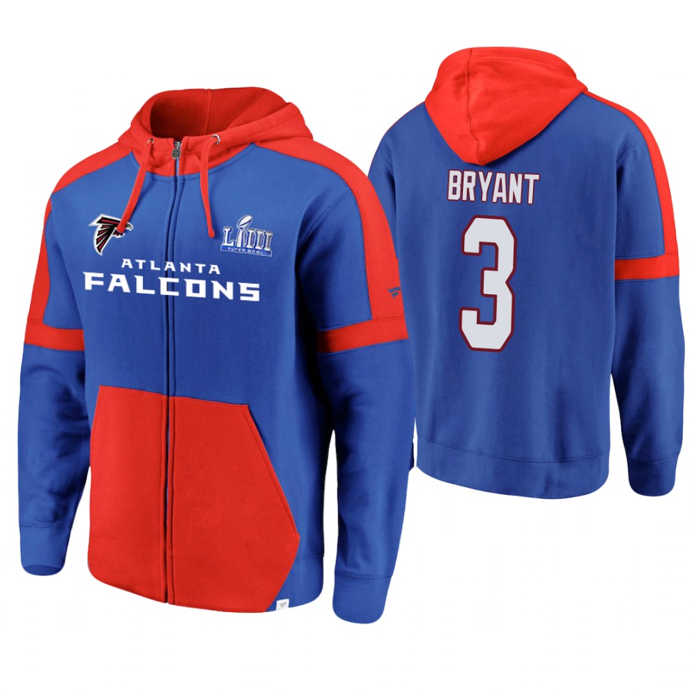 Atlanta Falcons #3 Matt Bryant Royal Super Bowl LIII Full-Zip Hoodie Atlanta Falcons #3 Matt Bryant Royal Super Bowl LIII Full-Zip Hoodie