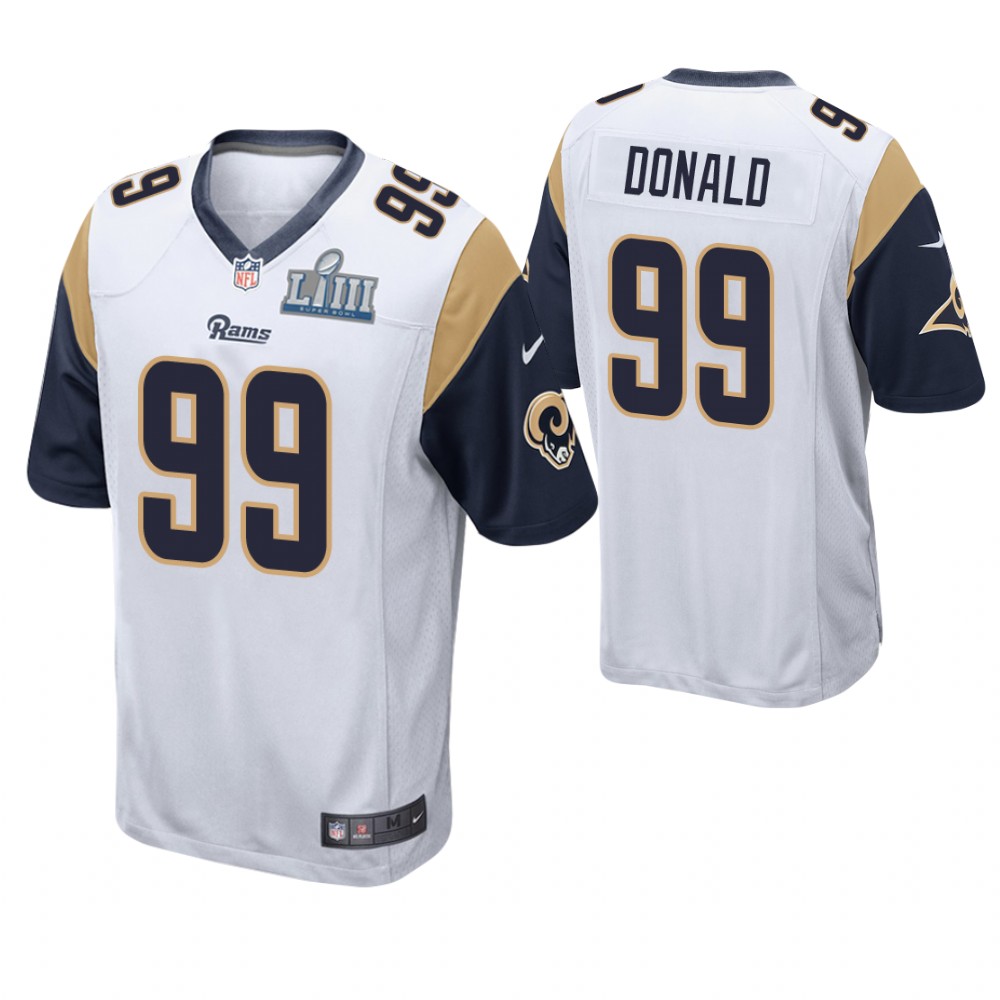 Los Angeles Rams #99 Aaron Donald White Super Bowl LIII Game Jersey With Super Bowl LVI Patch