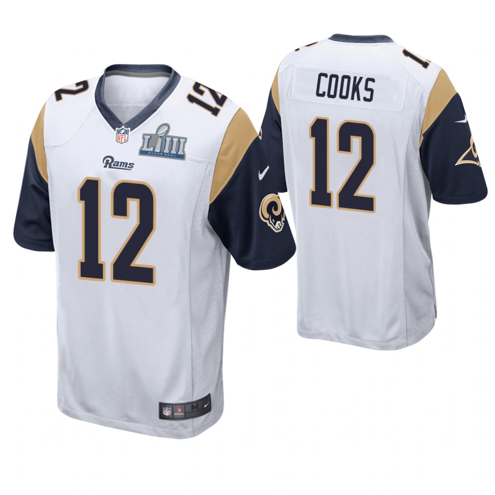 Los Angeles Rams #12 Brandin Cooks White Super Bowl LIII Game Jersey With Super Bowl LVI Patch Los Angeles Rams #12 Brandin Cooks White Super Bowl LIII Game Jersey With Super Bowl LVI Patch