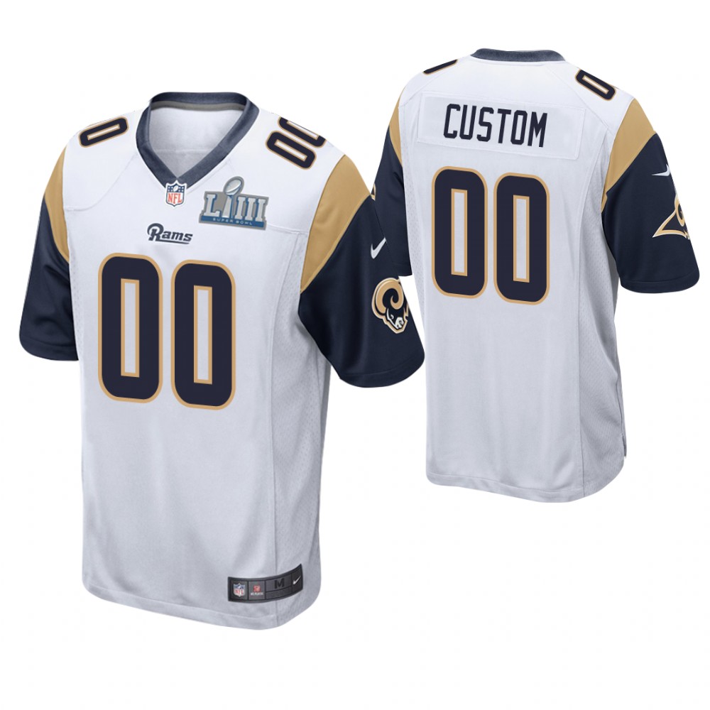 Los Angeles Rams #00 Custom White Super Bowl LIII Game Jersey With Super Bowl LVI Patch Los Angeles Rams #00 Custom White Super Bowl LIII Game Jersey With Super Bowl LVI Patch