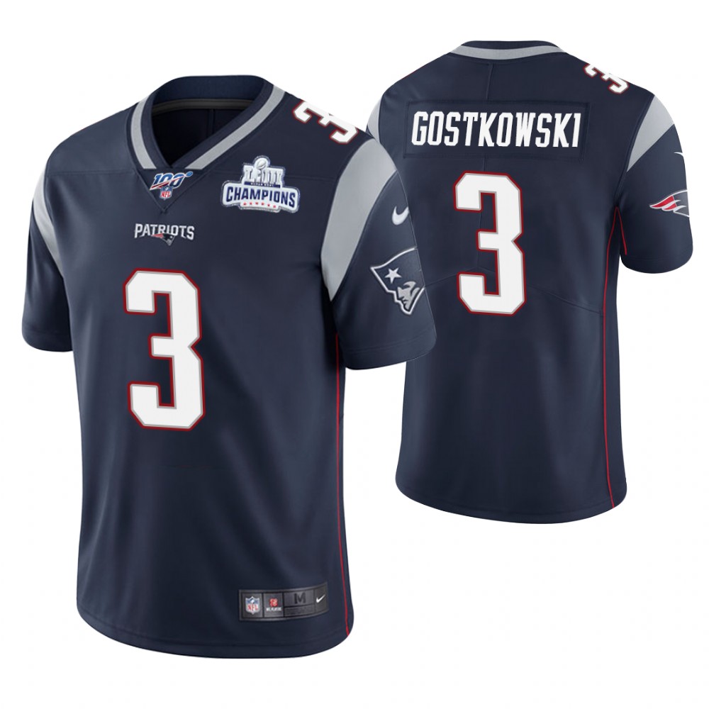 New England Patriots #3 Stephen Gostkowski Navy Super Bowl LIII Champions Patch Limited Jersey