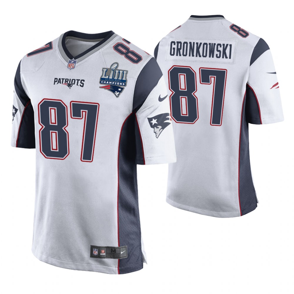 New England Patriots #87 Rob Gronkowski White Super Bowl LIII Champions Jersey New England Patriots #87 Rob Gronkowski White Super Bowl LIII Champions Jersey
