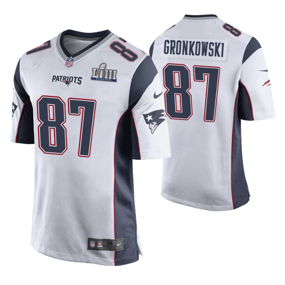New England Patriots #87 Rob Gronkowski White Super Bowl LIII Game Jersey New England Patriots #87 Rob Gronkowski White Super Bowl LIII Game Jersey
