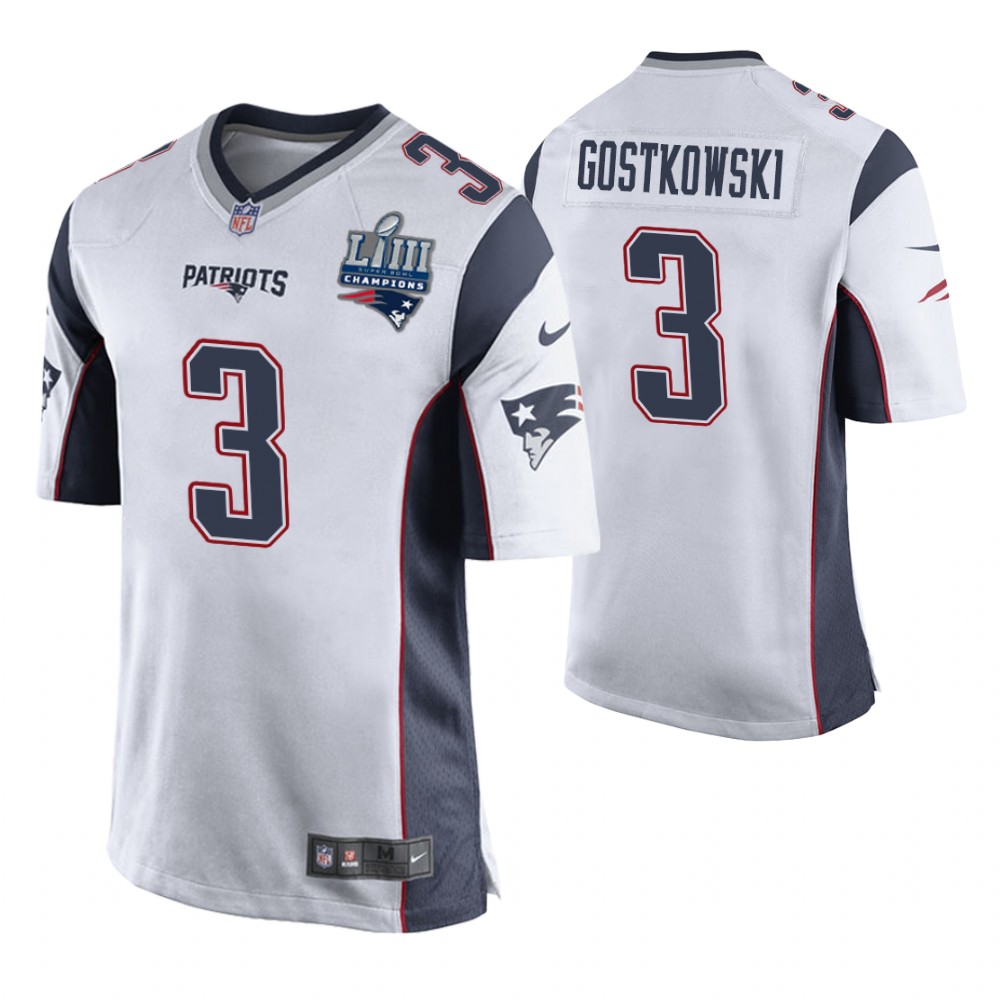 New England Patriots #3 Stephen Gostkowski White Super Bowl LIII Champions Jersey New England Patriots #3 Stephen Gostkowski White Super Bowl LIII Champions Jersey
