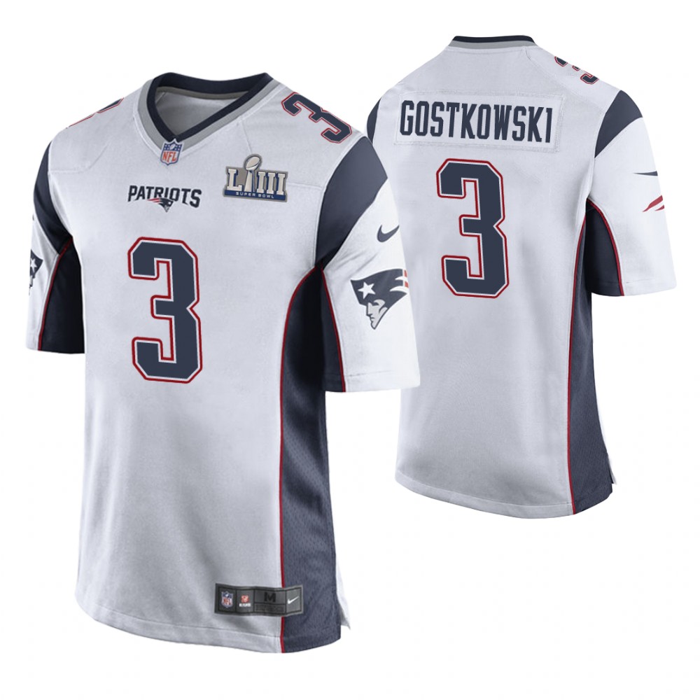 New England Patriots #3 Stephen Gostkowski White Super Bowl LIII Game Jersey New England Patriots #3 Stephen Gostkowski White Super Bowl LIII Game Jersey