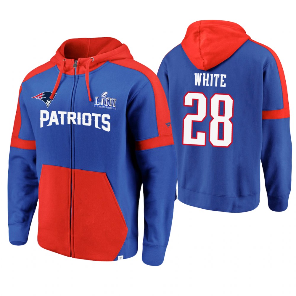 New England Patriots #28 James White Royal Super Bowl LIII Full-Zip Hoodie
