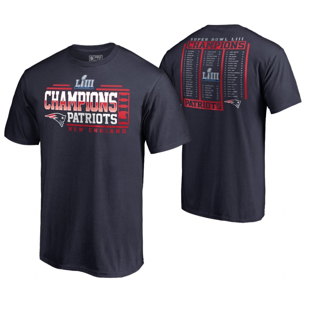 New England Patriots Navy End Zone Formation Roster Super Bowl LIII Champions T-Shirt