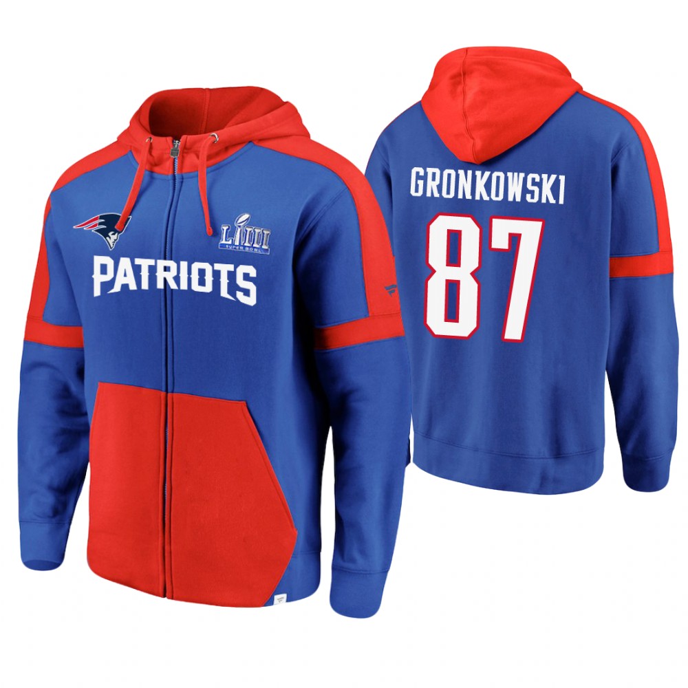 New England Patriots #87 Rob Gronkowski Royal Super Bowl LIII Full-Zip Hoodie New England Patriots #87 Rob Gronkowski Royal Super Bowl LIII Full-Zip Hoodie
