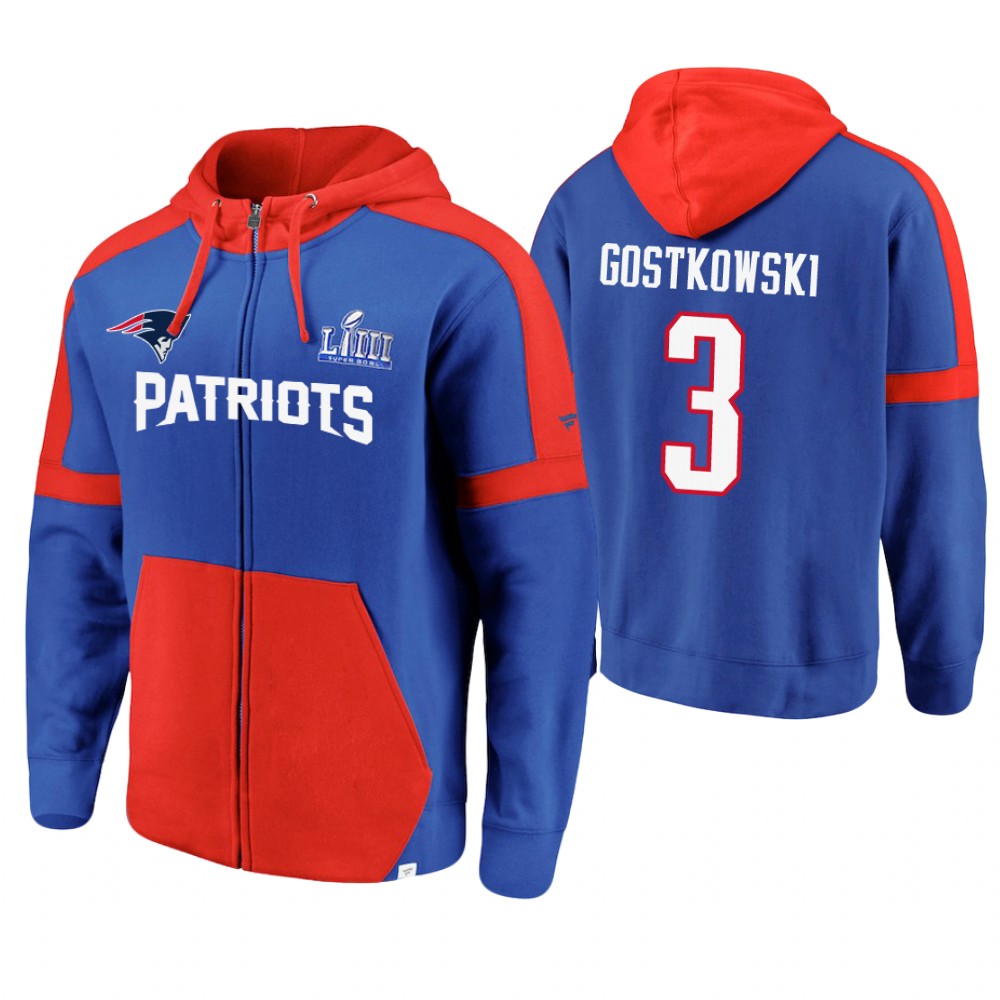 New England Patriots #3 Stephen Gostkowski Royal Super Bowl LIII Full-Zip Hoodie New England Patriots #3 Stephen Gostkowski Royal Super Bowl LIII Full-Zip Hoodie