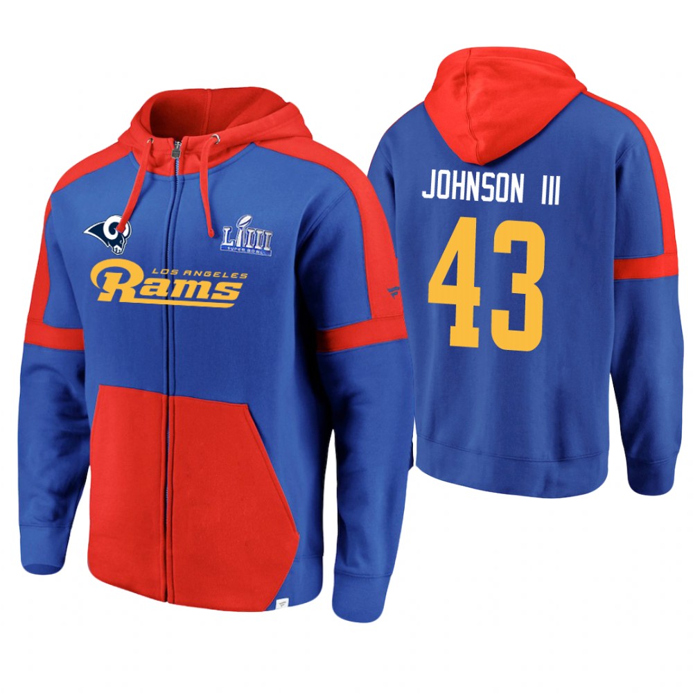 Los Angeles Rams #43 John Johnson Royal Super Bowl LIII Full-Zip Hoodie Los Angeles Rams #43 John Johnson Royal Super Bowl LIII Full-Zip Hoodie