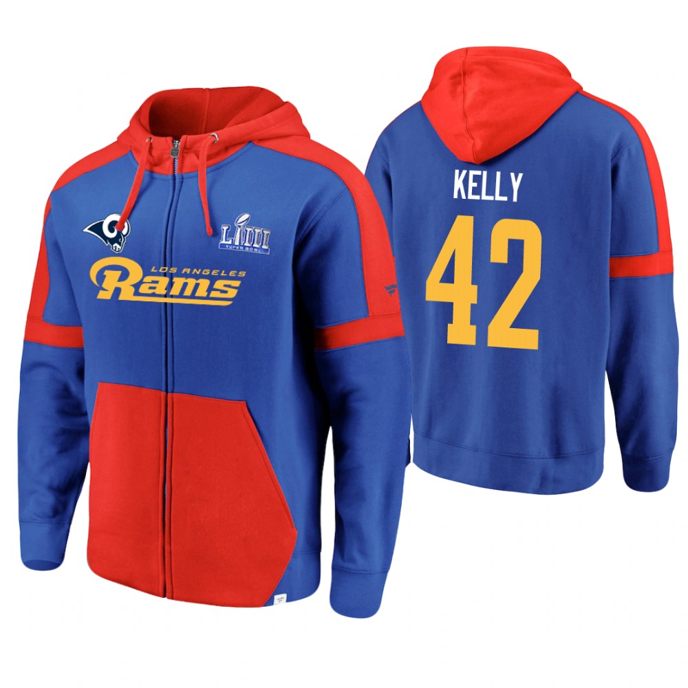 Los Angeles Rams #42 John Kelly Royal Super Bowl LIII Full-Zip Hoodie Los Angeles Rams #42 John Kelly Royal Super Bowl LIII Full-Zip Hoodie
