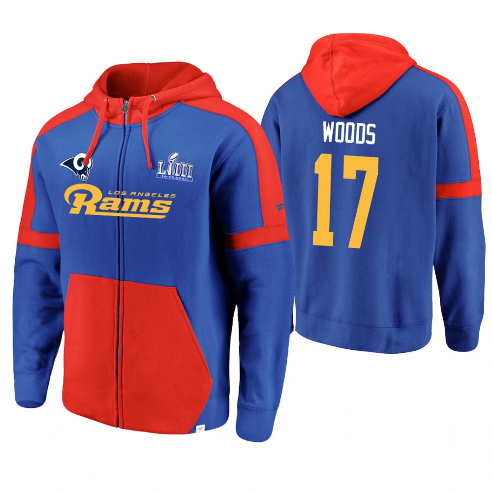 Los Angeles Rams #17 Robert Woods Royal Super Bowl LIII Full-Zip Hoodie With Super Bowl LVI Patch