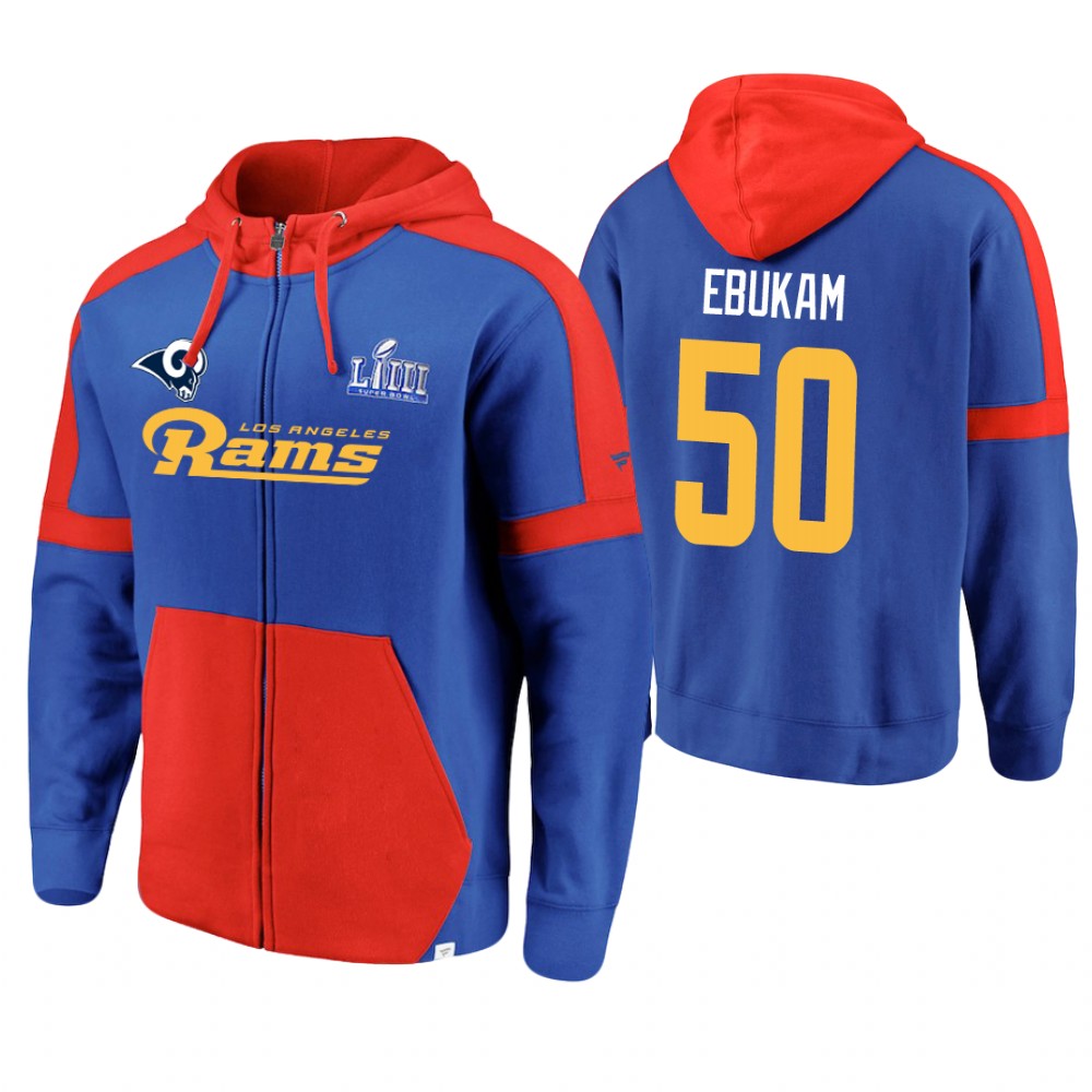 Los Angeles Rams #50 Samson Ebukam Royal Super Bowl LIII Full-Zip Hoodie Los Angeles Rams #50 Samson Ebukam Royal Super Bowl LIII Full-Zip Hoodie