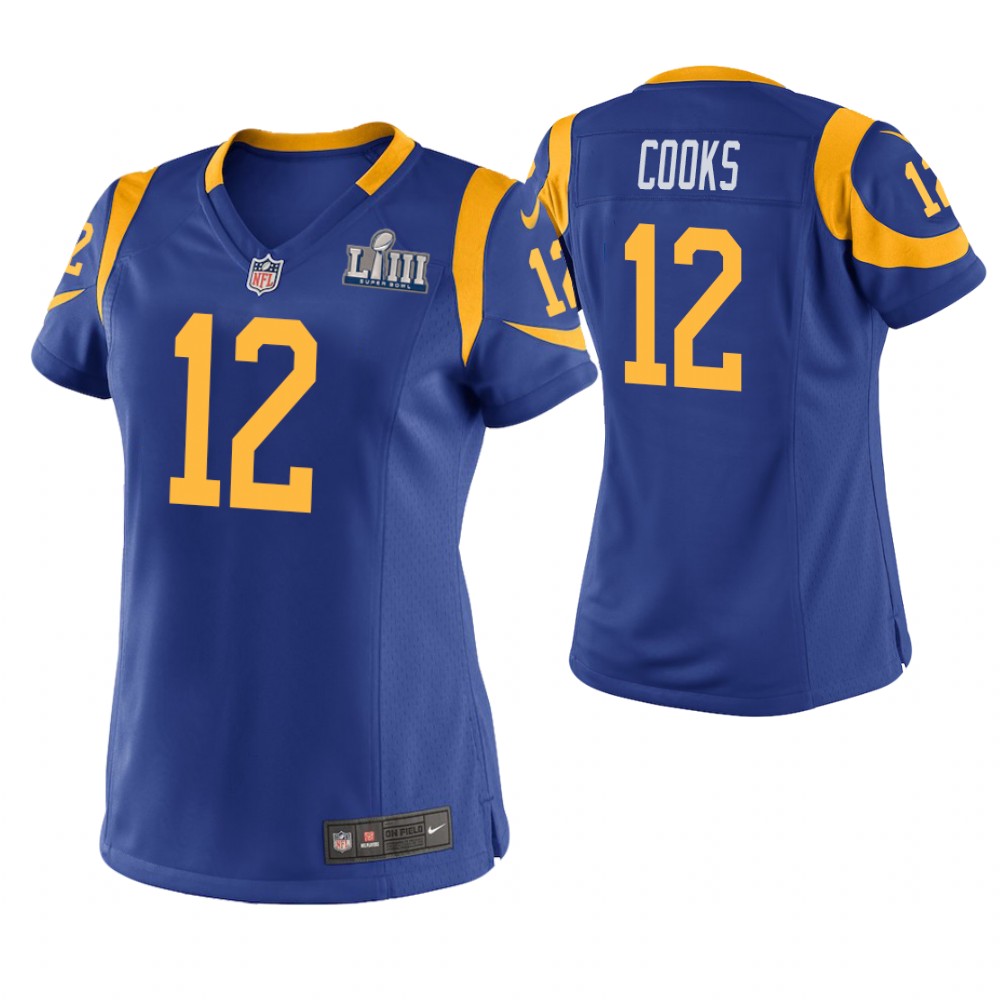 Women's Los Angeles Rams #12 Brandin Cooks Royal Super Bowl LIII Game Jersey With Super Bowl LVI Patch Women's Los Angeles Rams #12 Brandin Cooks Royal Super Bowl LIII Game Jersey With Super Bowl LVI Patch