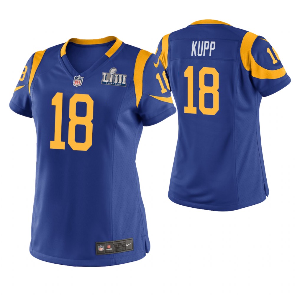 Women's Los Angeles Rams #18 Cooper Kupp Royal Super Bowl LIII Game Jersey With Super Bowl LVI Patch Women's Los Angeles Rams #18 Cooper Kupp Royal Super Bowl LIII Game Jersey With Super Bowl LVI Patch