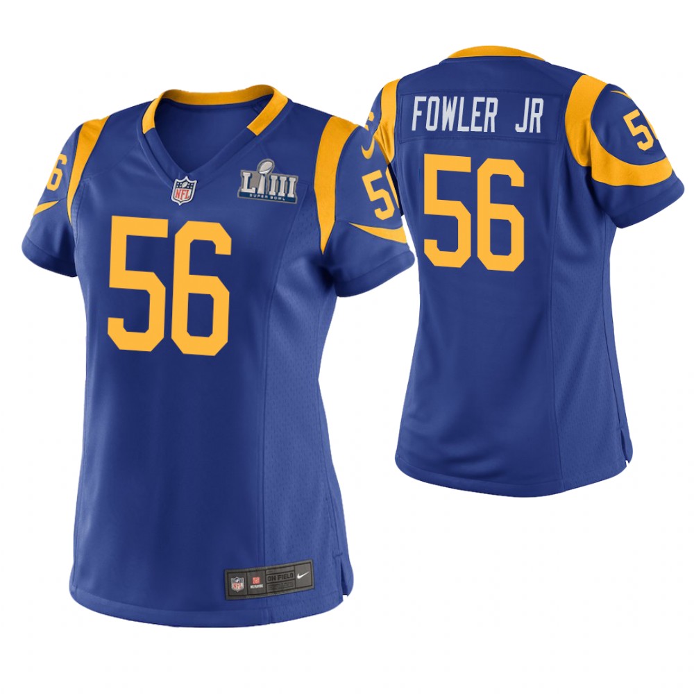 Women's Los Angeles Rams #56 Dante Fowler Jr. Royal Super Bowl LIII Game Jersey With Super Bowl LVI Patch Women's Los Angeles Rams #56 Dante Fowler Jr. Royal Super Bowl LIII Game Jersey With Super Bowl LVI Patch