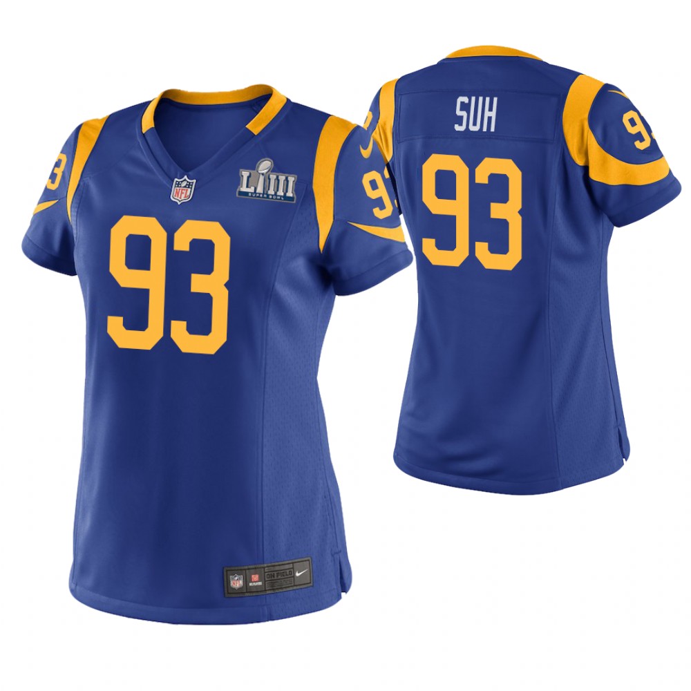Women's Los Angeles Rams #93 Ndamukong Suh Royal Super Bowl LIII Game Jersey With Super Bowl LVI Patch Women's Los Angeles Rams #93 Ndamukong Suh Royal Super Bowl LIII Game Jersey With Super Bowl LVI Patch