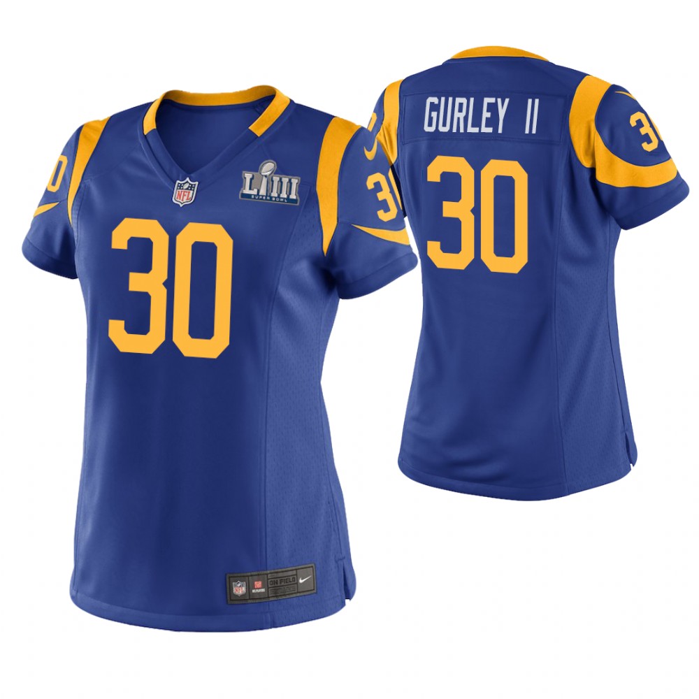 Women's Los Angeles Rams #30 Todd Gurley Royal Super Bowl LIII Game Jersey With Super Bowl LVI Patch Women's Los Angeles Rams #30 Todd Gurley Royal Super Bowl LIII Game Jersey With Super Bowl LVI Patch