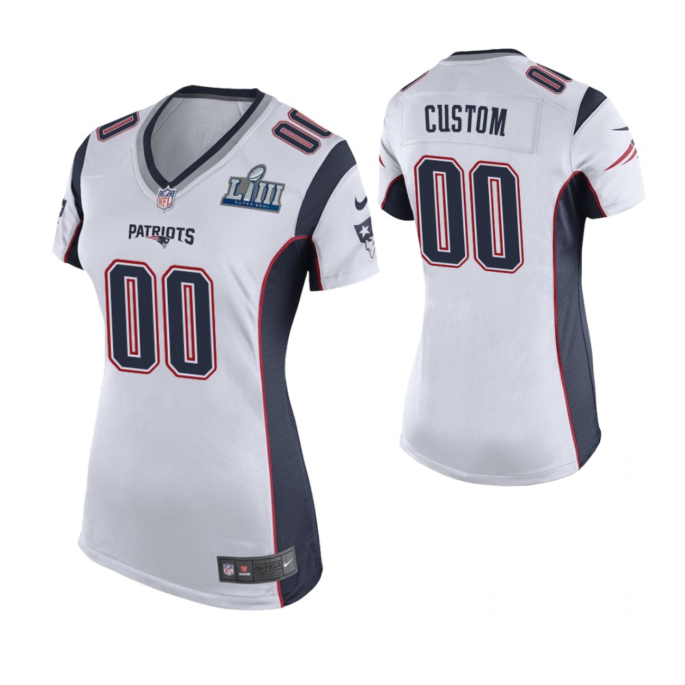 Women's New England Patriots #00 Custom White Super Bowl LIII Game Jersey Women's New England Patriots #00 Custom White Super Bowl LIII Game Jersey