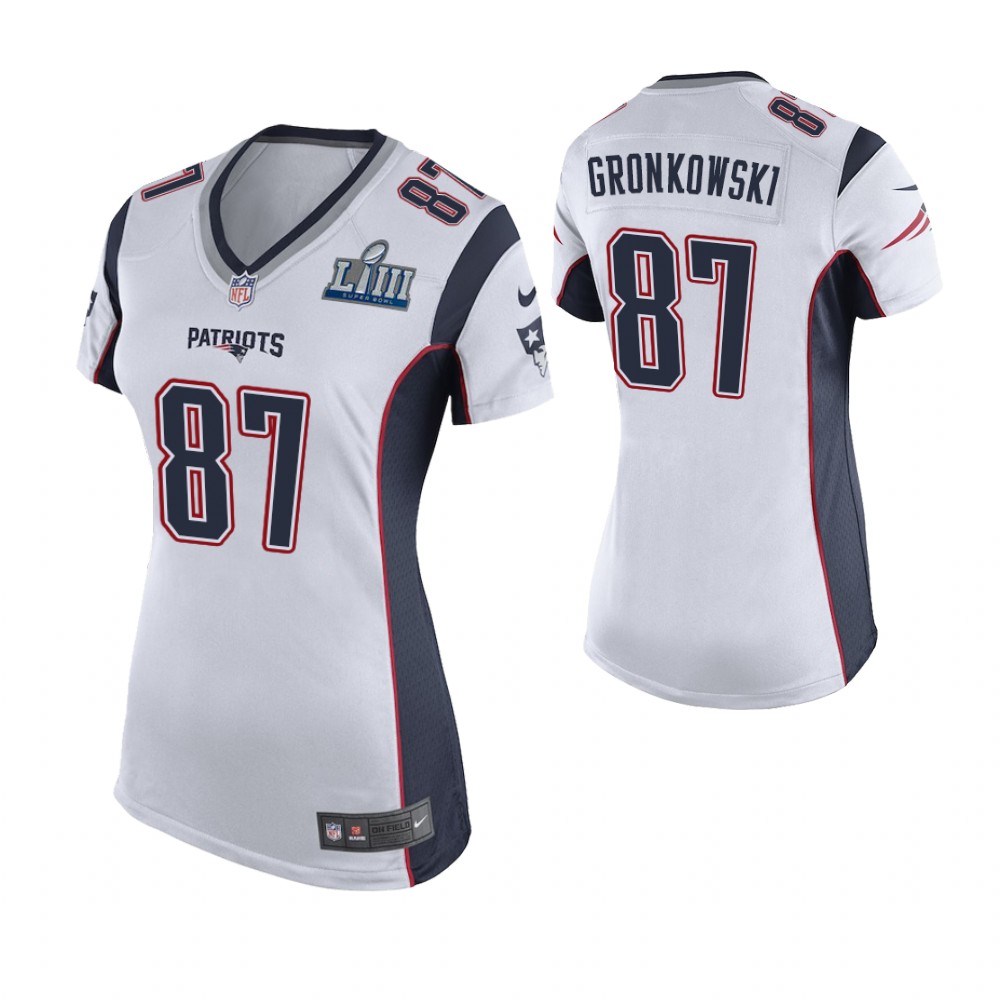 Women's New England Patriots #87 Rob Gronkowski White Super Bowl LIII Game Jersey Women's New England Patriots #87 Rob Gronkowski White Super Bowl LIII Game Jersey