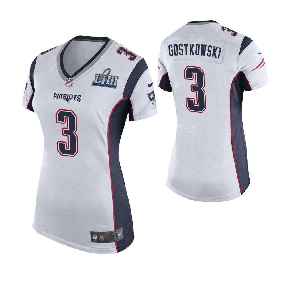 Women's New England Patriots #3 Stephen Gostkowski White Super Bowl LIII Game Jersey Women's New England Patriots #3 Stephen Gostkowski White Super Bowl LIII Game Jersey