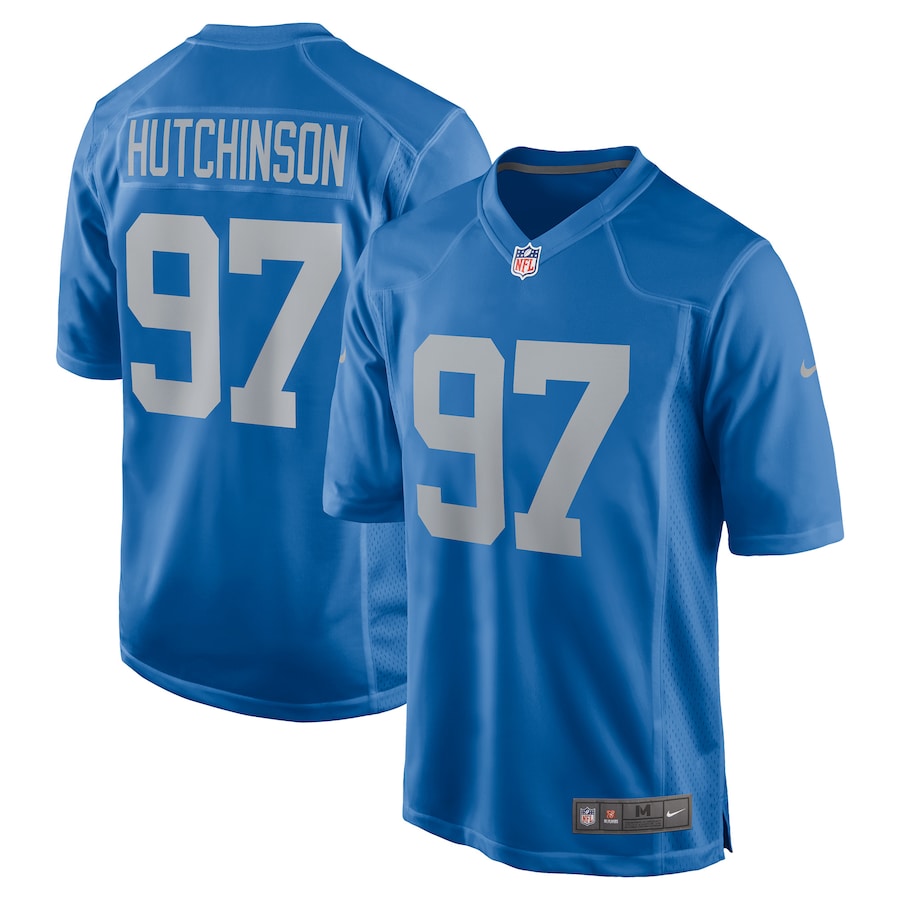 Men's 2022 Detroit Lions Aidan Hutchinson Nike Blue Jersey Men's 2022 Detroit Lions Aidan Hutchinson Nike Blue Jersey