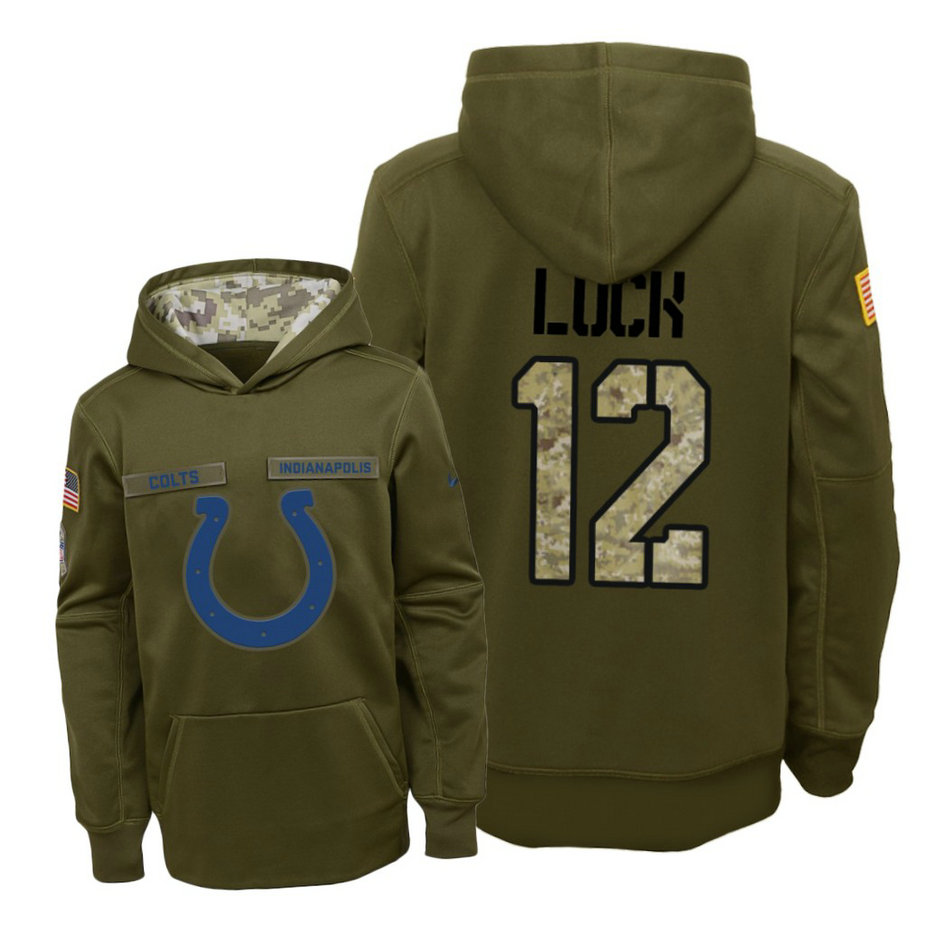Youth Indianapolis Colts #12 Andrew Luck Olive Hoodie 2018 Salute To Service